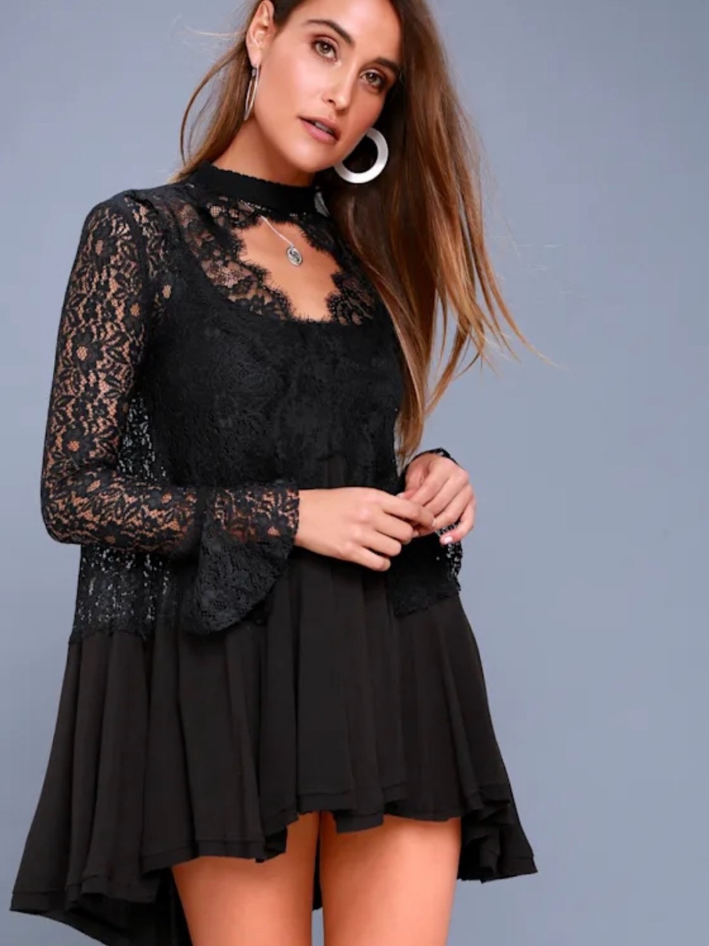 Free People Tell Tale Black Lace Long Sleeve Tunic, Mini Dress Bell Sleeves Boho